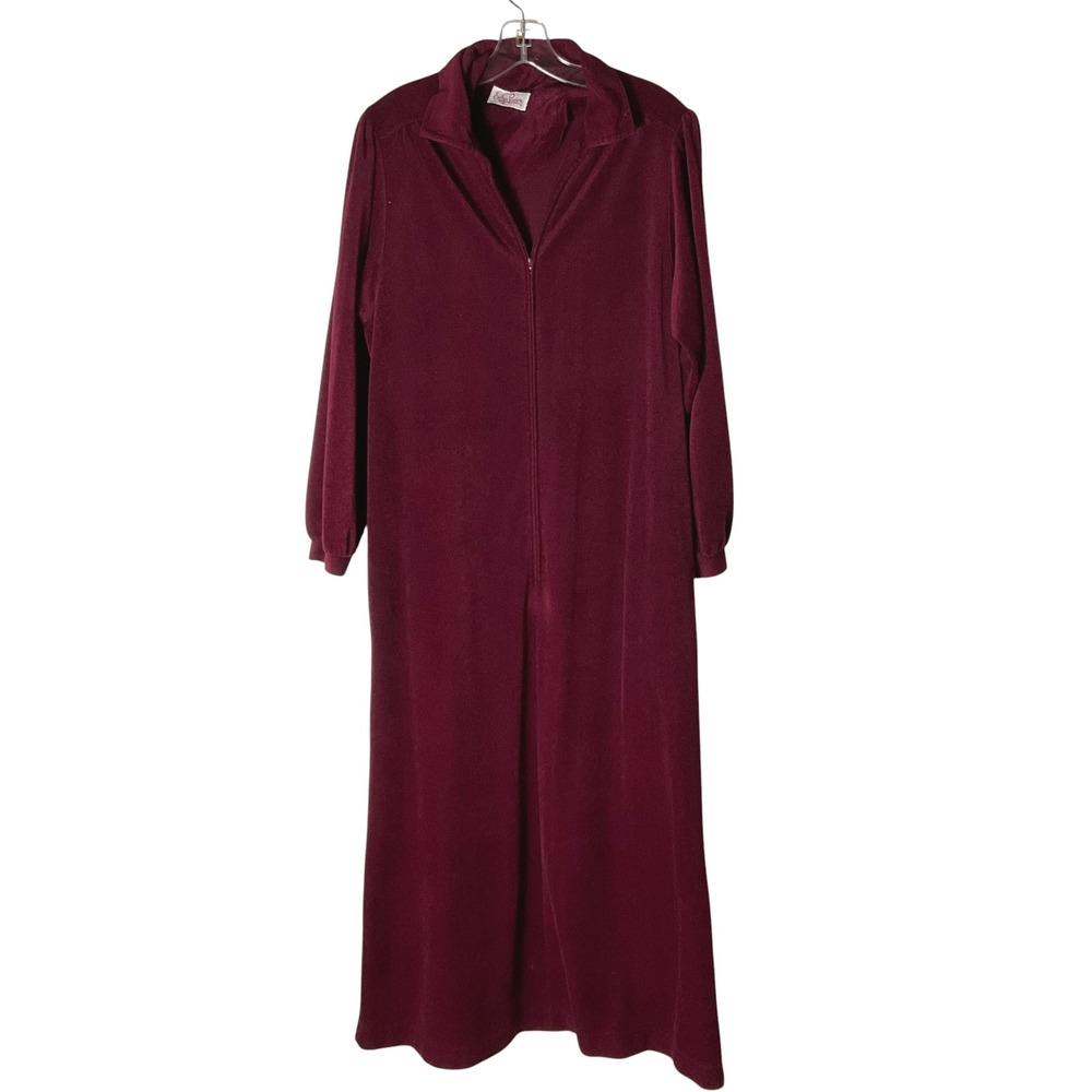 Evelyn Pearson‎ Vintage Velour Robe Burgundy Zip-Front Long-Sleeve Lounger Dress